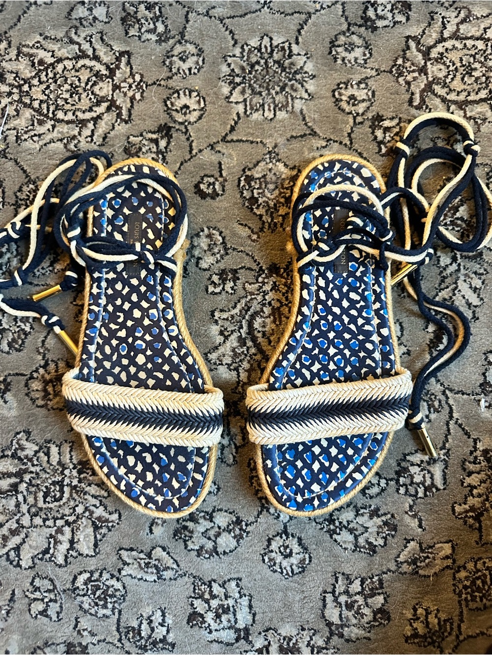Louis Vuitton Navy and White Rope Lace-Up Espadrille Sandals